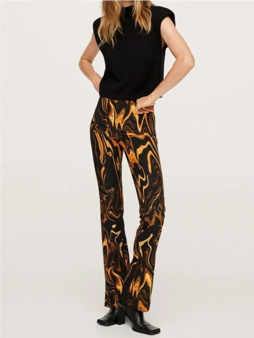 MNG Mango Abstract Swirl Print High Rise Flare Pants Marble Print 70s